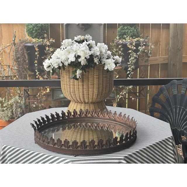 Large Vintage Italian Tole Acanthus Leaf Round Mirrored Tray / Mirrored Plateau / Round Mirrored Cocktail Tray For Sale - Image 4 of 17