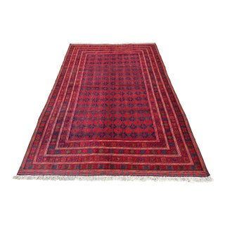 Good Quality Red and Navy Mushwani Andkhoy Hand-Woven Wool Rug - 6'8" X 10' For Sale