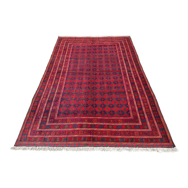 Good Quality Red and Navy Mushwani Andkhoy Hand-Woven Wool Rug - 6'8" X 10' For Sale