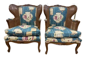 Pair of Vintage Cane Wingback Chairs With New Chinoiserie Upholstery