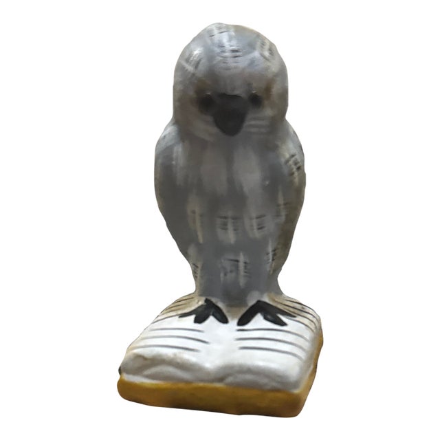 Vintage Hand-Painted Ceramic Snowy Owl Figurine on Open Book Miniature For Sale