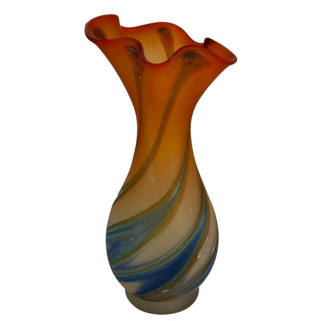 Zareh Orange Art Glass Fazzoletto Vase With Green Blue Swirl For Sale - Image 10 of 18