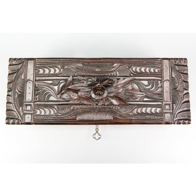 Antique Swiss Black Forest Dark Brown Carved Wood Glove Box, Ca. 1900s For Sale - Image 12 of 18