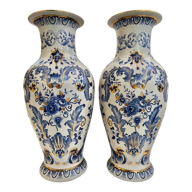 Mid 20th Century Tall Blue and White With Gold Trim Vases Possibly Delftware - A Pair For Sale