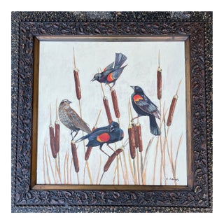 Contemporary Original Stephen Heigh Large Painting “Redwing Blackbirds & Cattails” Antique Frame For Sale