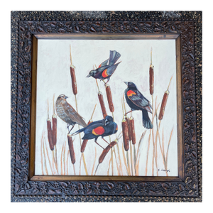 Contemporary Original Stephen Heigh Large Painting “Redwing Blackbirds & Cattails” Antique Frame