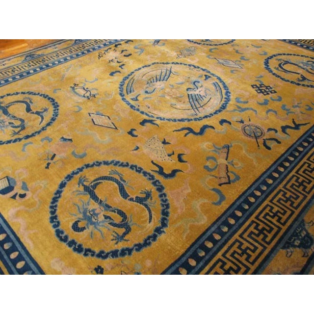 Textile Stunning Gold Background Color With Cute Details of Chinese Culture Antique Rug For Sale - Image 7 of 9