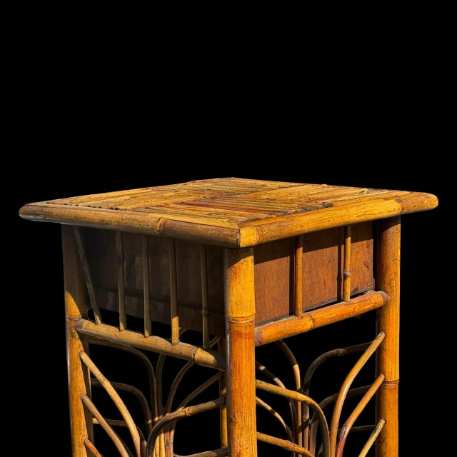 Wood Vintage Burnt Bamboo Rattan Side Table W/ Drawer & Palm Frond Design For Sale - Image 7 of 8