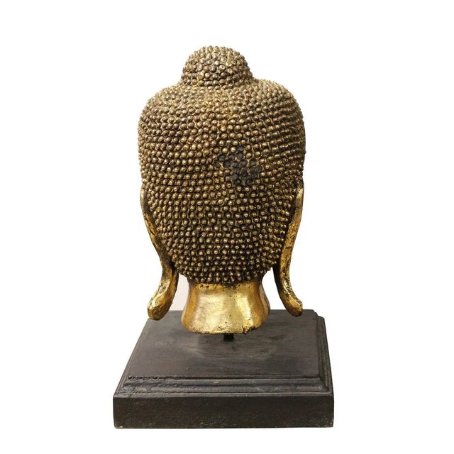 Handcrafted Gold Wood Serene Peaceful Buddha Head On Stand For Sale - Image 5 of 5