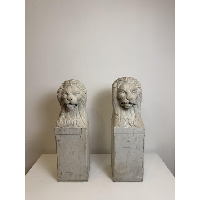 A pair of Florentine lions in white Carrara marble from the late 19th century. This pair of artifacts represents...