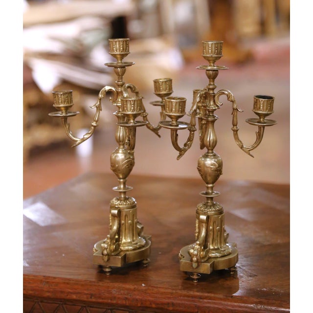 Pair of 19th Century French Louis XVI Style Bronze Four-Light Candelabras For Sale In Dallas - Image 6 of 12