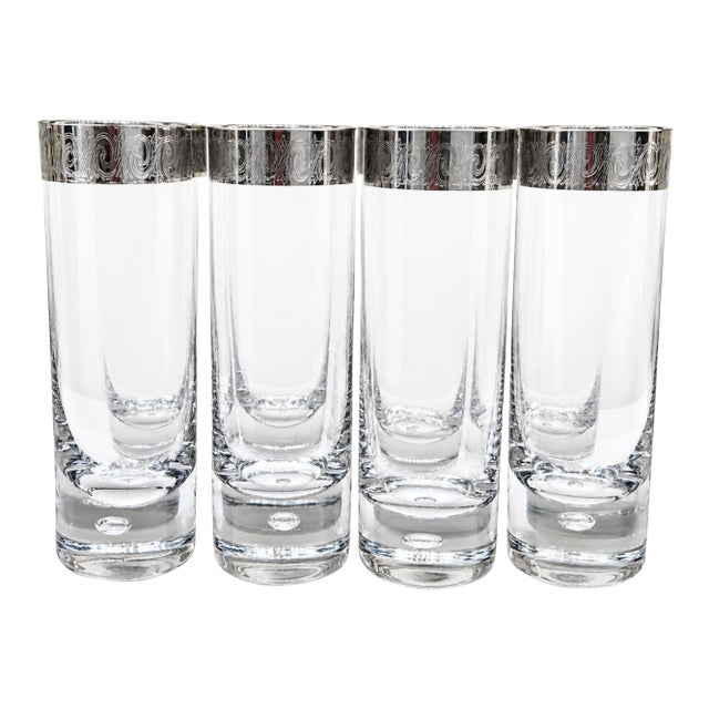 Vintage Etched Floral Highball Glasses With Silver Overlay Scroll Rims and Bubble Bases, Set of 8 For Sale