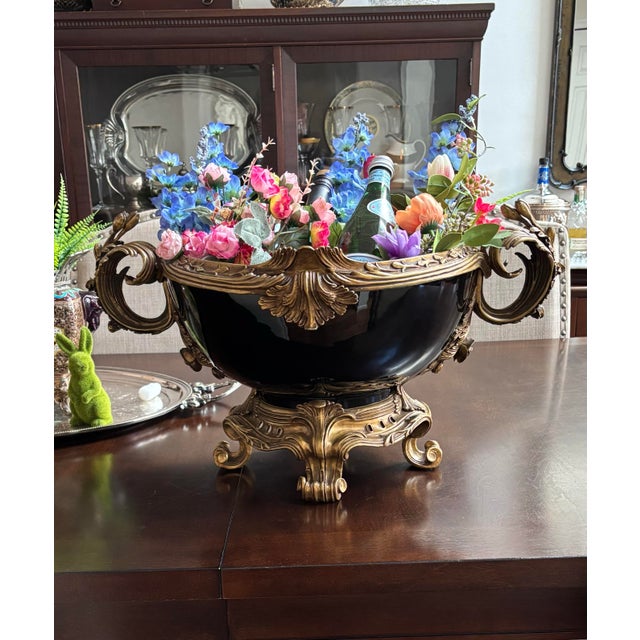 French Vintage French Style Jardeniere Black Porcelain and Bronze 23”x 9” For Sale - Image 3 of 12