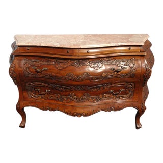 Antique French Louis XV Highly Carved Marble Bombe Bombay Chest Buffet Made in Italy For Sale
