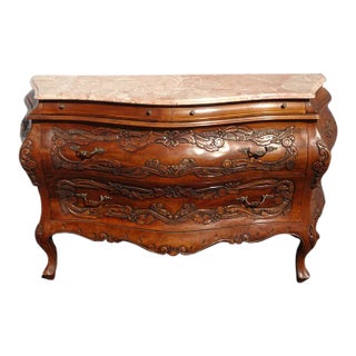 Antique French Louis XV Highly Carved Marble Bombe Bombay Chest Buffet Made in Italy For Sale