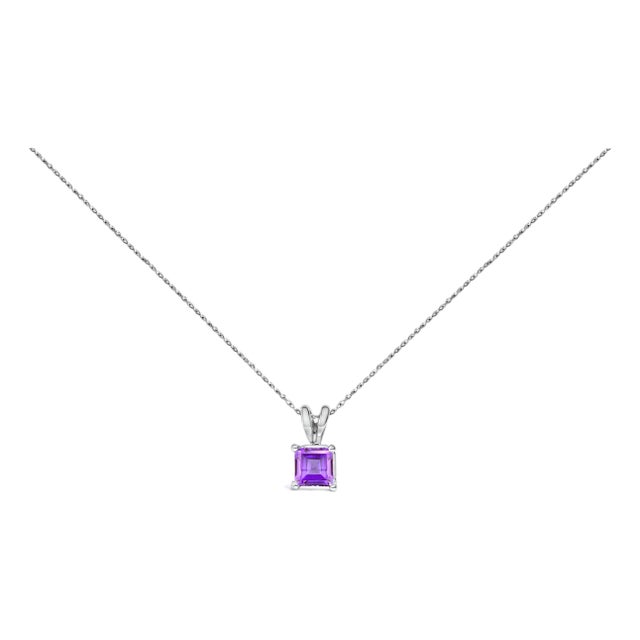 14K White Gold 5x5 MM Square Shaped Purple Amethyst Solitaire Pendant Necklace For Sale