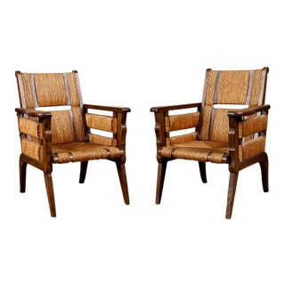 Pair of Bespoke Oak Rushed Gabriel Lounge Chairs For Sale