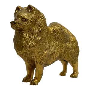 Small Traditional Early 20th Century English Gilt Bronze Spitz Dog Car Mascot Figurine