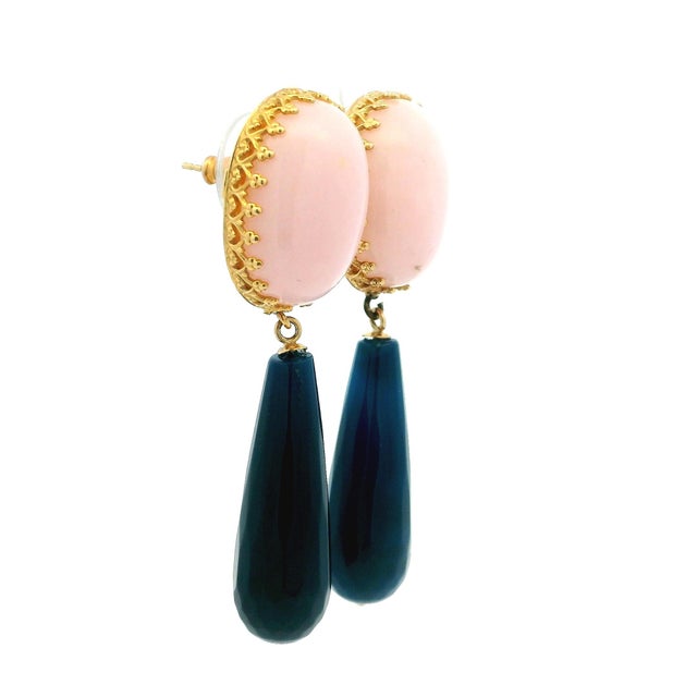 Contemporary Talia Jade Pink Coral Cabochon and Blue Agate Pendant Drop Earrings, A Pair For Sale - Image 3 of 10