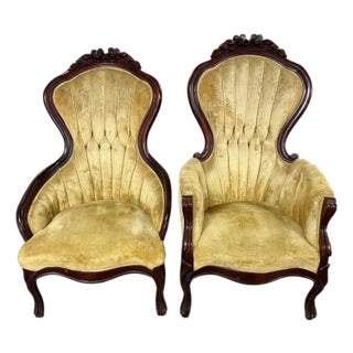 1960s Victorian Mahogany Ladies & Gentleman Parlor Chairs - Set of 2 For Sale