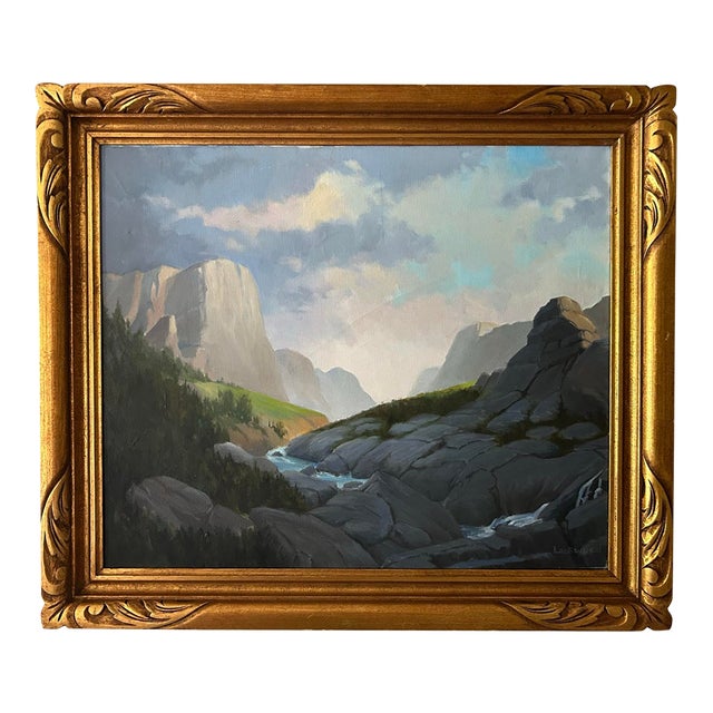 Vintage Oil Painting of a Rocky Mountain Landscape in Gold Frame Signed Lockwood For Sale