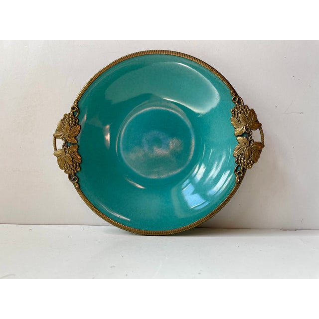 Art Deco Ceramic Dish in Turquoise Green Glaze & Brass from Christian Jensen, 1930s For Sale - Image 9 of 9