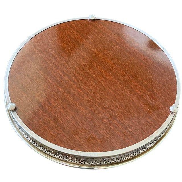 Vintage Silverplate & Mahogany Circular Gallery Tray With Pierced Quatrefoil Edge and Three Ball Feet For Sale In Jacksonville, FL - Image 6 of 9