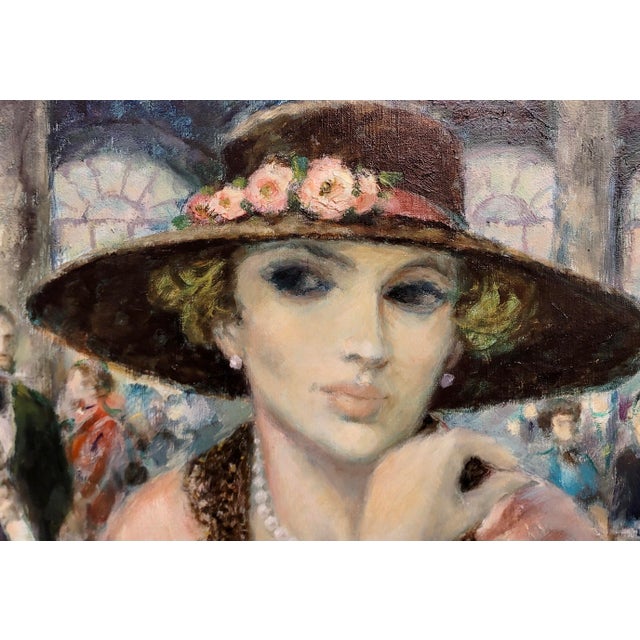 Textile Francois Batet -Elegant Woman W/ Hat at the Maxim De Paris-Oil Painting For Sale - Image 7 of 11