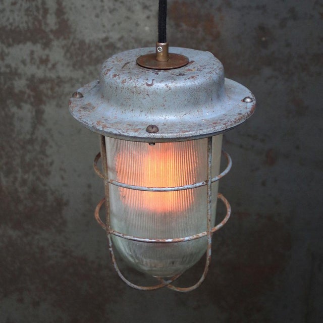 Industrial Vintage Industrial Blue Metal and Clear Reeded Glass Cage Pendant Light For Sale - Image 3 of 6