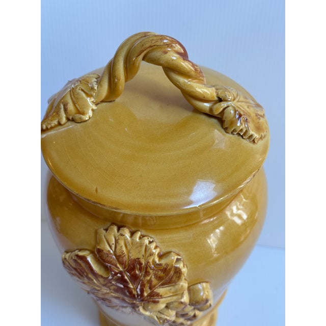 1980s Arte Italica "Sole Mustard" Ceramic 13" Tall Yellow Jar With Lid Grapes Leaves Design Made in Italy For Sale - Image 13 of 18