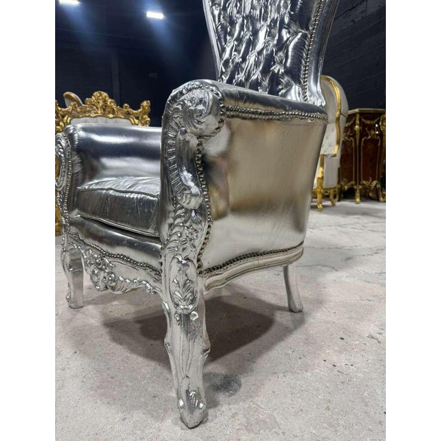 2020s French Throne Chair – Silver Leather High-Back For Sale - Image 5 of 9