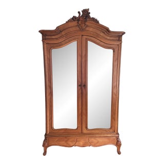 Antique French Louis XV Style Carved Walnut Double Mirror Door Armoire Wardrobe For Sale