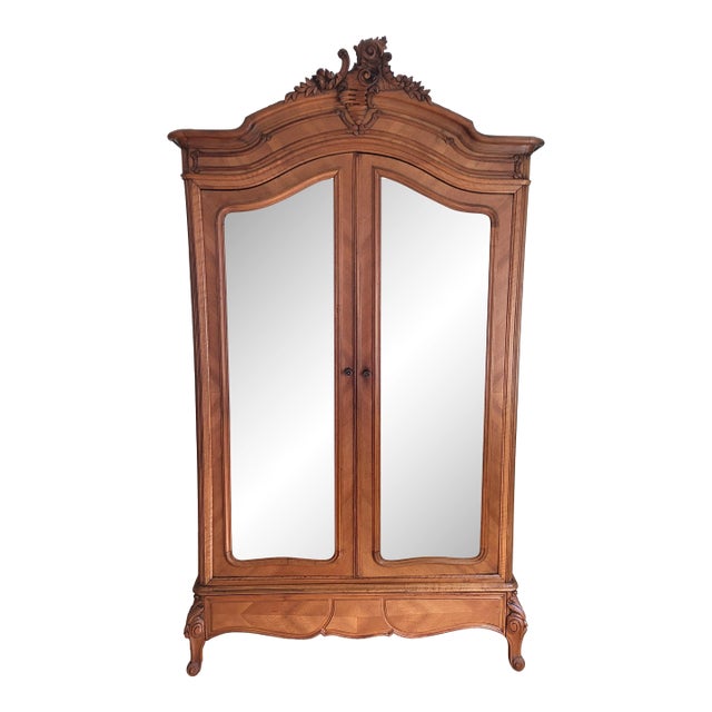 Antique French Louis XV Style Carved Walnut Double Mirror Door Armoire Wardrobe For Sale