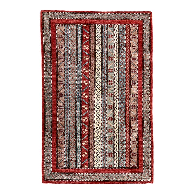 2'11" X 4'10" Small Hand Knotted Geometric Persian Afshari Design Rug (3' X 5') For Sale