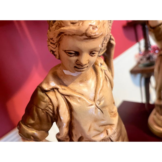 Bronze Vintage Figural Lamps, Young Man and Young Woman Carrying Fruit Baskets - a Pair For Sale - Image 8 of 12