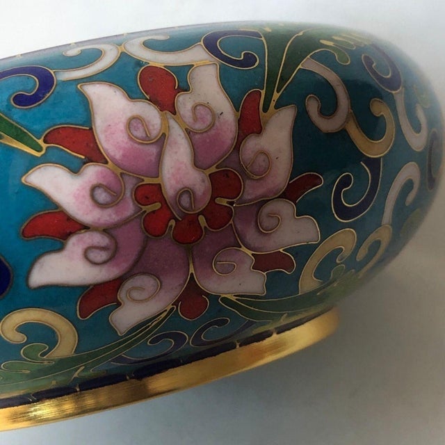 Vintage Cloisonné Enamel Lotus Bowl / Scholar's Brush Washer With Gilt Rim For Sale In Los Angeles - Image 6 of 9