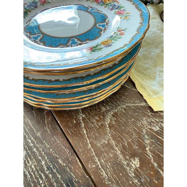 Vintage Crown Staffordshire Lyric Tunis Blue Bread Plates – Set of 9 – Fine Bone China England – 1930s–1950s For Sale In Chicago - Image 6 of 12