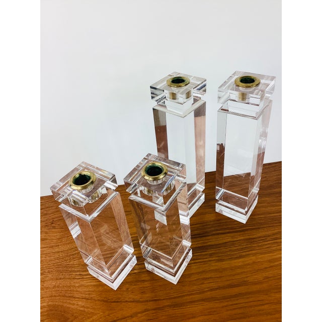 Plastic Vintage Karl Springer Style Chunky Clear Lucite Set of 4 Candle Holders For Sale - Image 7 of 8