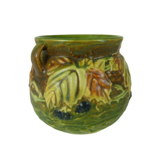 Ceramic Roseville Blackberry 1932 Antique Art Pottery Jardiniere Vase | Double Handled | Genuine Gold Foil Label For Sale - Image 7 of 13