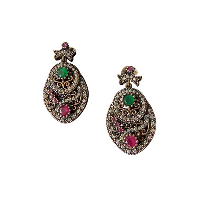 Silver Vintage Natural Ruby, Emerald and Diamond Earrings- 925 Sterling Silver For Sale - Image 8 of 10