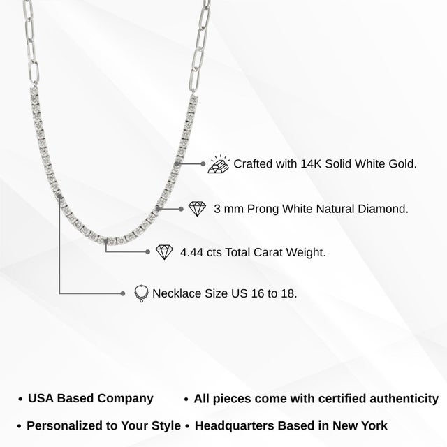 14k Gold 4.44 Carats Diamond Tennis Paperclip Chain Necklace by VRJewels For Sale - Image 13 of 17