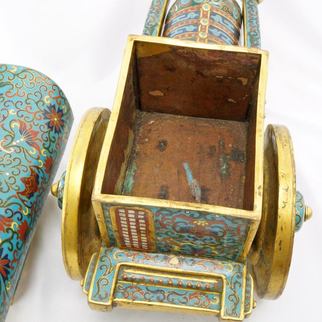 Turquoise Chinese Brass Gilt Ox Drawn Cart With Cloisonné and Enamel 20th Century For Sale - Image 8 of 18
