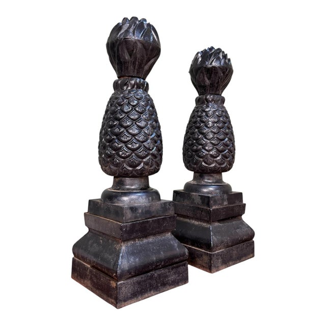 Absolutely stunning and rare pair of large very heavy vintage cast iron pineapple architectural finials. A timeless symbol...