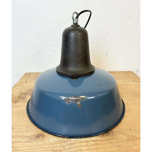 Industrial Blue Enamel Factory Lamp with Cast Iron Top, 1960s For Sale - Image 13 of 18