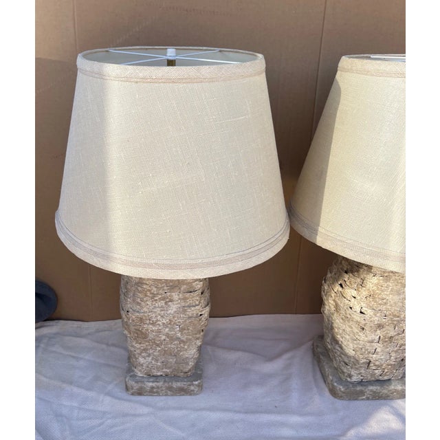 1970s Rustic European Woven Oak Painted Table Lamps With Shades - a Pair For Sale In Palm Springs - Image 6 of 11