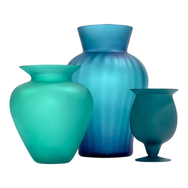 Sumptuous Frosted Shades of Jade Glass Vase Curation - Group of 3 For Sale