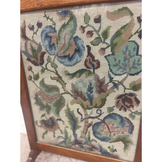 Brown Possibly Antique Arts & Crafts Oak Fire Screen With Hand-Stitched Floral Needlepoint, Likely Early 20th Century. For Sale - Image 8 of 10