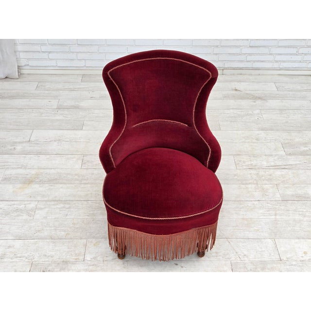 Red Danish Cocktail Lounge Chair in Cherry-Red Furniture Velour, 1950s For Sale - Image 8 of 17
