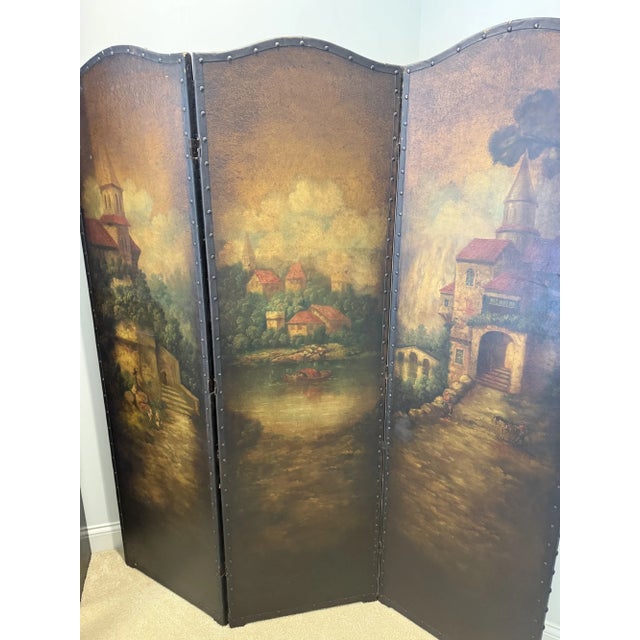 Rustic European Antique Painted Leather Screen For Sale - Image 3 of 8