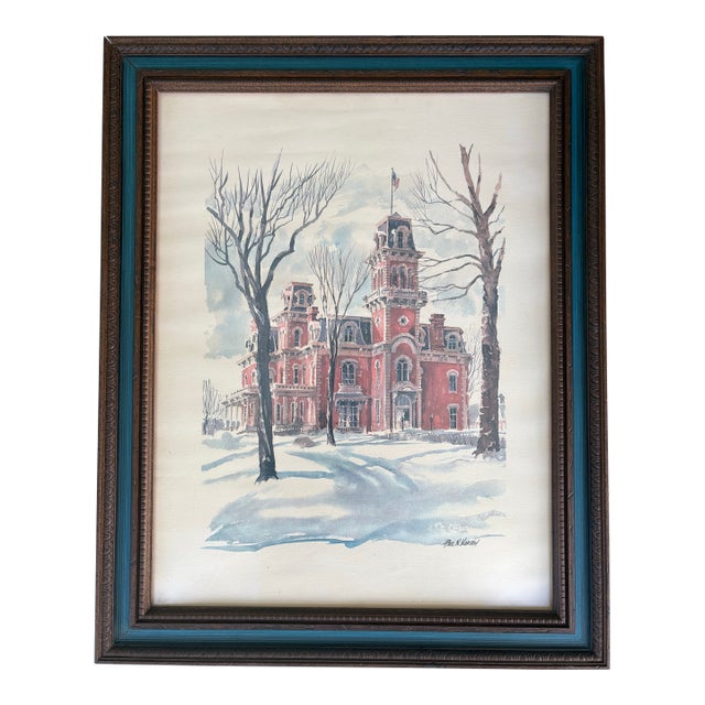 Vintage Watercolor Print of the Hubbell Mansion (Terrace Hill) by Paul N. Norton, Winter Architectural Scene For Sale